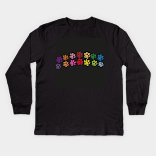 Cute doodle hand drawn colorful paw prints foot step vector black background Kids Long Sleeve T-Shirt